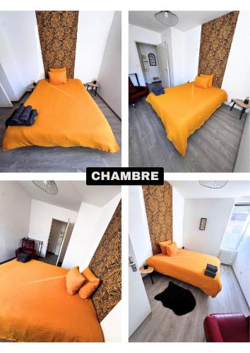 un collage de quatre photos d'un lit dans une pièce dans l'établissement Le Grand RepublicainT2, au Péage-de-Roussillon