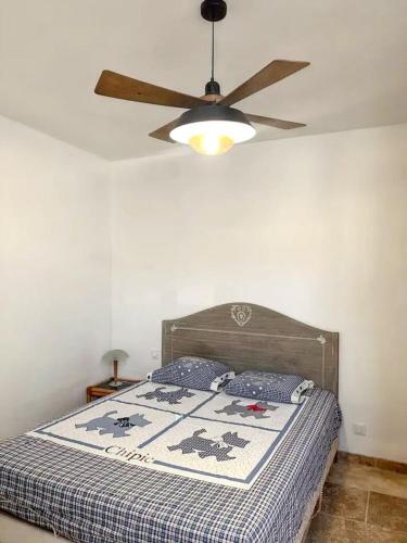 une chambre avec un lit avec un ventilateur de plafond dans l'établissement Maison élégante à Villalier avec Jacuzzi, à Laprade