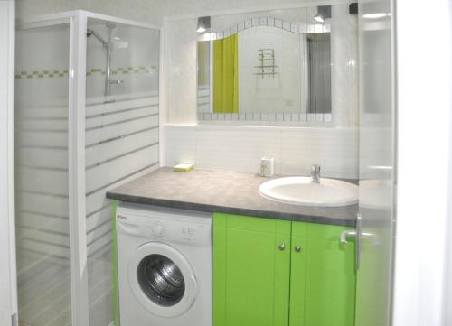 Un baño con lavadora y lavabo. en Bungalow confortable avec vue mer à Bouillante, en Bouillante