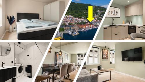 a collage of four pictures of a room at Bryggen // Fløyen Living in Bergen