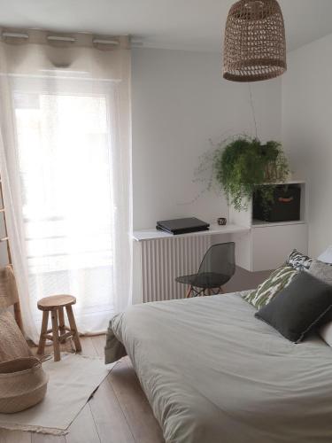 une chambre avec un lit, une chaise et une fenêtre dans l'établissement Angers appart 65m2 proche centre ville, parking, à Angers