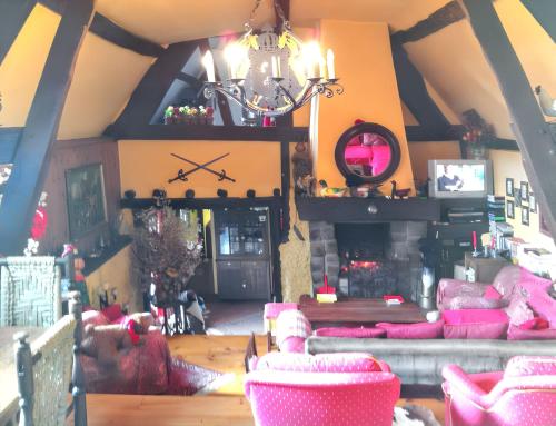 a living room with pink furniture and a fireplace at Maison spacieuse et charmante à Dame-Marie avec jardin in Dame-Marie