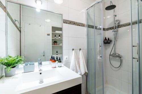 une salle de bain avec un lavabo et une douche dans l'établissement Stylish Parisian Flat in the Marais - SAINT-PAUL, à Paris