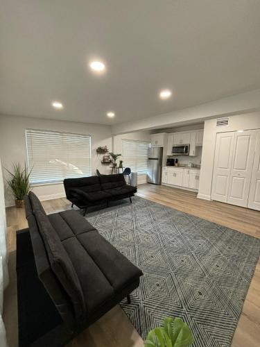 a living room with two couches and a kitchen at Cozy 1 Bedroom Duplex in Central Tampa in Tampa
