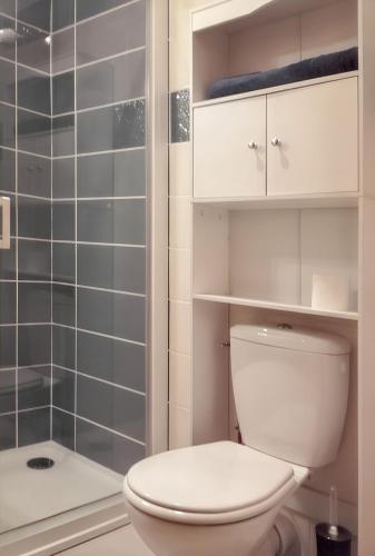 une salle de bain avec toilettes et douche dans l'établissement Studio cosy à Saint-Jean-d'Arves 29 m² Vue montagne, à Saint-Jean-dʼArves