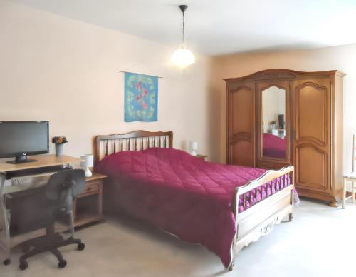 a bedroom with a bed and a desk and a computer at Maison charmante près de Chanteloup avec terrasse. in Chanteloup