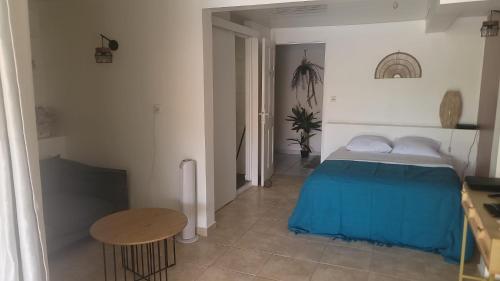 a bedroom with a bed and a table in it at Le Colibri in Sainte-Anne