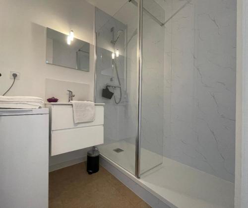 une salle de bain avec une douche en verre avec un lavabo dans l'établissement Côté Thalasso, à Quiberon