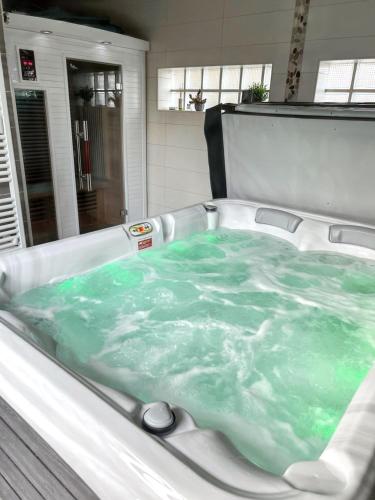 un bain à remous avec de l'eau verte dans une salle de bain dans l'établissement Appartement charmant à La Ferrière-aux-Étangs avec jacuzzi - 42 m², à La Ferrière-aux-Étangs