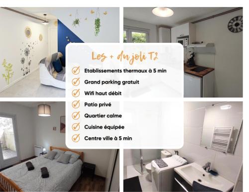 a collage of photos of a bedroom and a bathroom at T2 calme 5 min gare, centre, parking gratuit in Dax