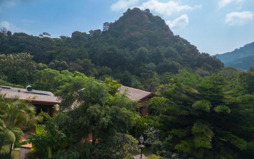 a house in front of a mountain with trees at Charming cabin with Scenic view in Tepoztlán in Tepoztlán