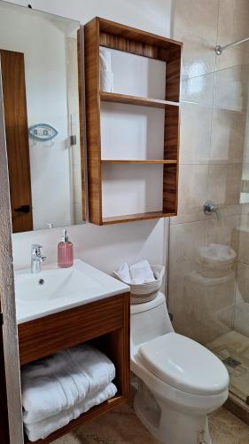 a bathroom with a sink and a toilet and a shower at Playa del Carmen - Playaquerida in Playa del Carmen