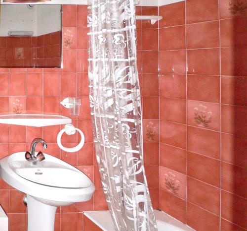 une salle de bain avec un lavabo et un rideau de douche dans l'établissement Appartement agréable à Saint-Gervais-les-Bains de 30 m² avec piscine, à Saint-Gervais-les-Bains