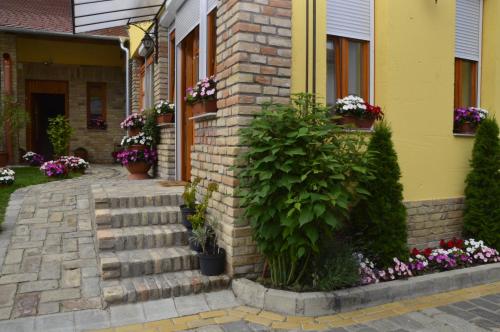 ein Haus mit Blumen und Pflanzen davor in der Unterkunft Mediterrán Vendégház in Kecskemét