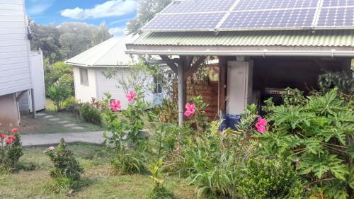 a house with a solar roof with pink flowers at Bungalow charmant au Robert avec piscine partagée et jardin in Le Robert