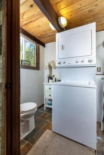 a bathroom with a toilet and a white refrigerator at Cabin at the Forest Edge | Hot tub, pet friendly in Packwood