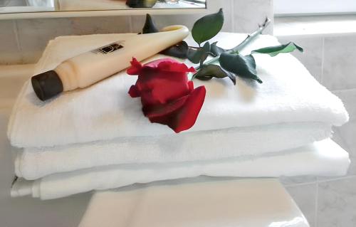 a stack of white towels with a knife and flowers at Modern Apartment in Grand Baie in Grand Baie