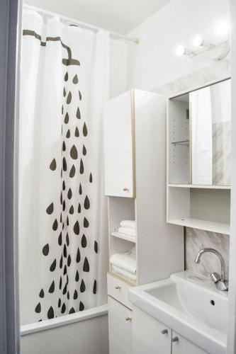 une salle de bain avec une douche avec un rideau de douche dans l'établissement Appartement spacieux à Carcassonne 48 m² avec parking, à Carcassonne