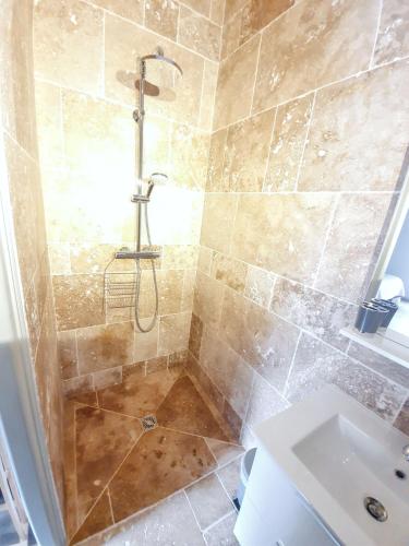 a bathroom with a shower and a sink at Maison charmante à Monestier avec piscine et jacuzzi in Monestier
