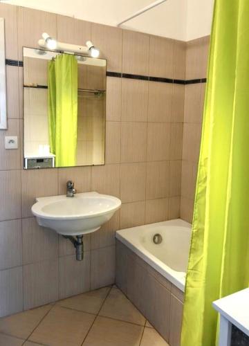 une salle de bain avec un lavabo, une baignoire et un miroir dans l'établissement Maison en campagne près de Belgodère avec piscine partagée., à Belgodère