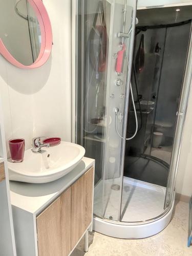 une salle de bain avec douche et lavabo dans l'établissement Maison charmante à La Bouillie, jardin, à La Bouillie