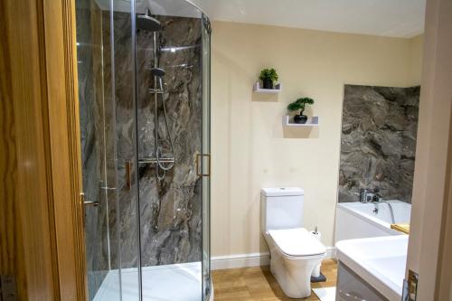 a bathroom with a shower with a toilet and a sink at Gym I Cinema I Hot tub I Games room at Copper Beech in Shrewsbury