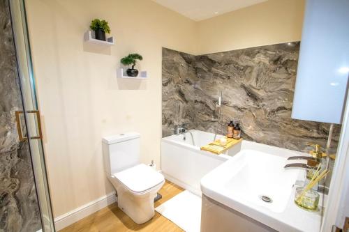 a bathroom with a toilet and a sink and a tub at Gym I Cinema I Hot tub I Games room at Copper Beech in Shrewsbury