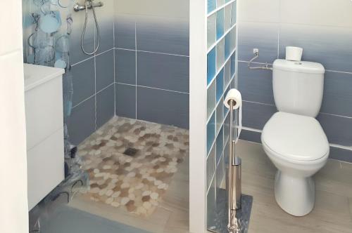 due foto di un bagno con wc e doccia di Bungalow charmant Le Moule + Jardin a Le Moule