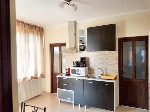 a kitchen with a sink and a microwave at Charming House in Săcele with Garden View + BBQ in Săcele