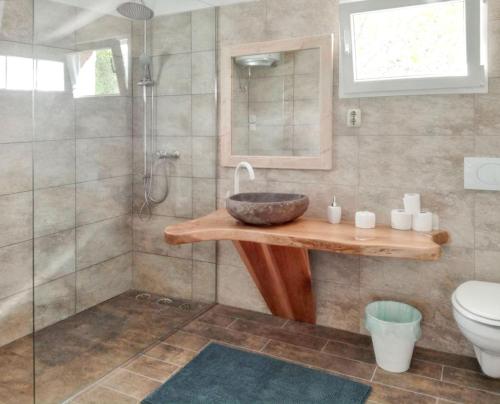 a bathroom with a sink and a shower and a toilet at Charming Villa in Filozići with Private Pool in Filozići