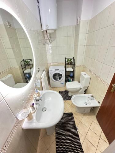 a bathroom with a sink and a toilet and a mirror at Dora apartment in Tirana