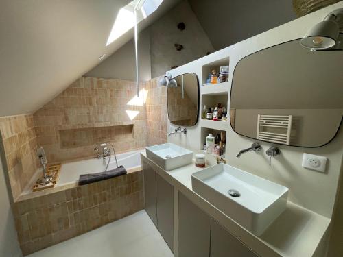 une salle de bain avec un lavabo et un miroir dans l'établissement Les maisons sur la Colline, à Colonard-Corubert