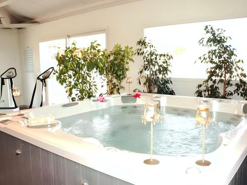 une baignoire jacuzzi dans une chambre avec des plantes en pot dans l'établissement Bungalow charmant à Valras-Plage avec piscine partagée, à Valras-Plage