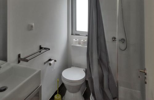 a bathroom with a toilet and a shower and a sink at Charming Bungalow in Pataias with Shared Pool in Pataias