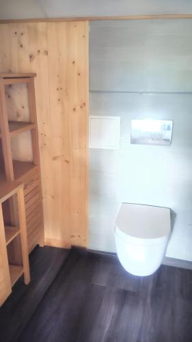 La salle de bains est pourvue de toilettes blanches et d'une étagère. dans l'établissement Maison de charme à Gan avec vue sur la montagne, à Gan