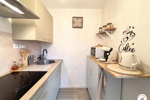 une petite cuisine avec un évier et un micro-ondes dans l'établissement Le Nid de Notre-Dame - Parking, au Havre