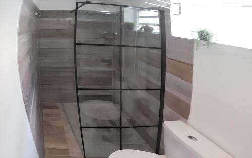 a glass shower in a bathroom with a toilet at Maison accueillante à La Trinité avec piscine partagée 57 m² in La Trinité
