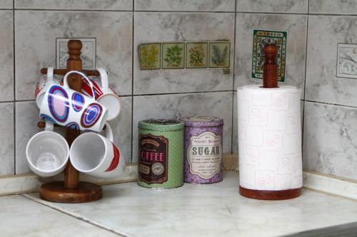 a bathroom counter with cups and a roll of toilet paper at VILA SOFi in Néa Karyá