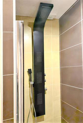 La salle de bains est pourvue d'une douche avec un pommeau de douche noir. dans l'établissement Villa charmante avec piscine privée à Saint-Martin-Lacaussade, à Saint-Martin-Lacaussade