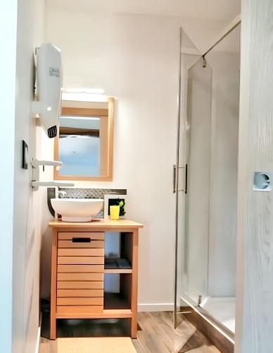 une salle de bain avec un lavabo et une douche dans l'établissement Studio charmant à Saint-Jory, 25 m², piscine partagée, à Saint-Jory