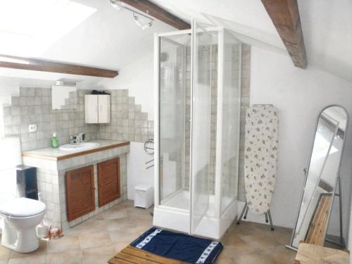 une salle de bain avec une douche, des toilettes et un lavabo dans l'établissement Maison de charme à Saint-Germain avec vue sur la montagne, à Saint-Germain