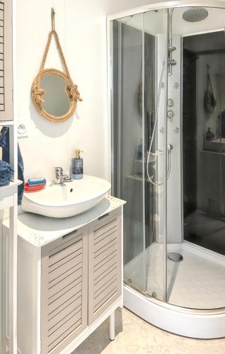 une salle de bain avec douche et lavabo dans l'établissement Charmante maison de campagne à La Bouillie avec jardinB, à La Bouillie