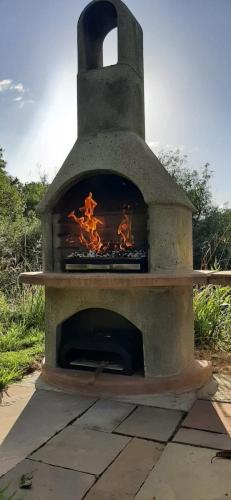 a stone oven with a fire inside of it at Alpaca Cwtch - Pembrokeshire, West Wales in Fishguard