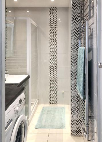 La salle de bains est pourvue d'un lave-linge et d'une douche. dans l'établissement Appartement charmant à Cannes avec vue sur la mer, 33 m², à Cannes