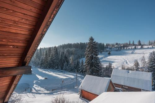 a view of a snow covered field from a cabin at Гостьовий дім "У Ані" in Yablunytsya