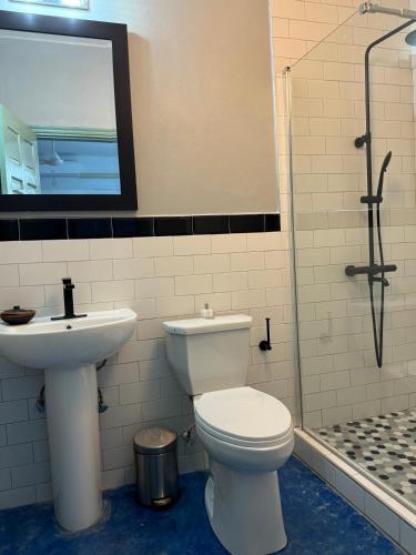 a bathroom with a toilet and a sink and a shower at The Bakers Villa Old Wharf Ltd in Treasure Beach