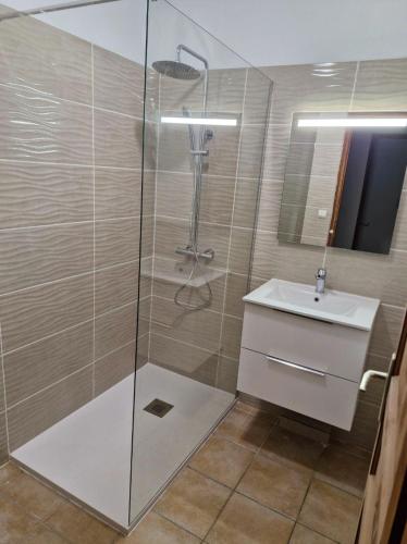 a bathroom with a shower and a sink at MAISON ALBA ROSSA 55 in Serra-di-Ferro