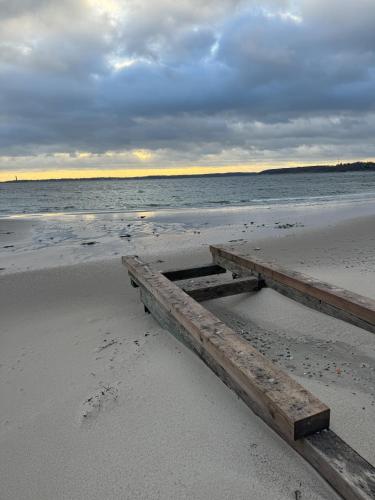a wooden bench sitting on the beach near the water at Strandhotel Strande in Strande