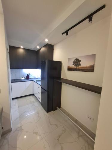 cocina con nevera negra en una habitación en Stef Lux Apartments, en Belgrado