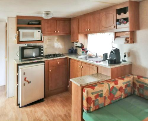 Una pequeña cocina con nevera y microondas. en Bungalow charmant à Saint-Pierre-d'Oléron avec jardin clôturé, en Saint-Pierre-dʼOléron